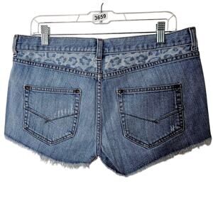 RARE Vans X Jesse Jo Medium -Wash Leopard Print Waist Raw Hem Jean Shorts 11